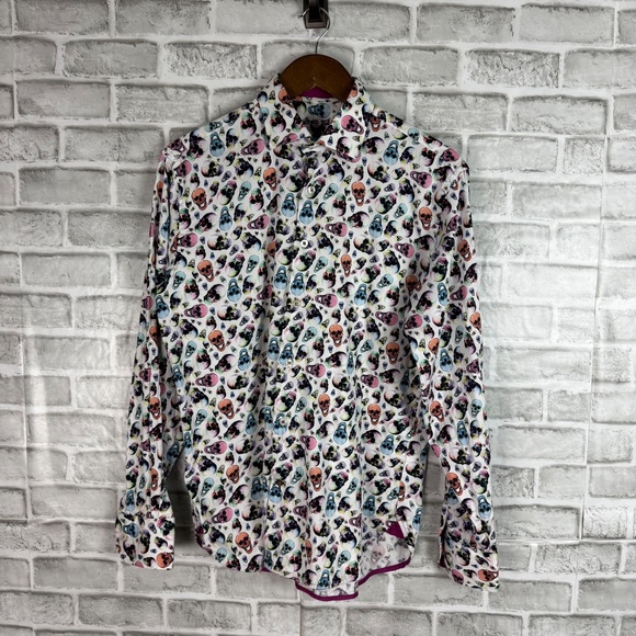 Visconti Black Multicolor Skull AOP Long Sleeve Button Up Shirt Mens MEDIUM - Picture 2 of 7